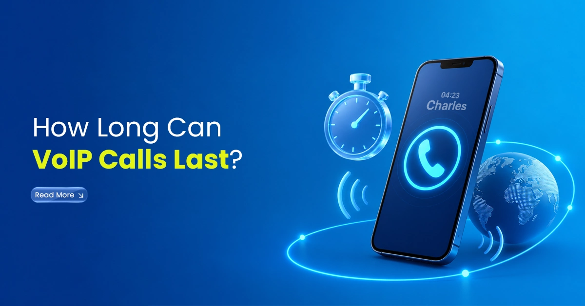 Smartphone showing a VoIP call with timer, globe, and global calling connection visuals on a blue background.