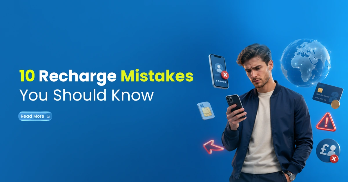 Man looking at his phone with warning icons, SIM cards, payment symbols, and global recharge visuals showing common mobile top-up mistakes.