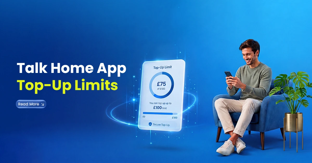 Man using a smartphone with Talk Home App top-up limit screen, showing secure mobile recharge and spending limit visuals.
