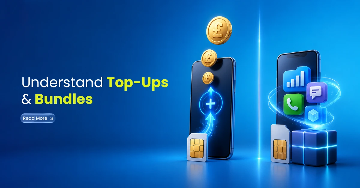Smartphones with SIM cards, coins, calling, messaging, and data icons showing the difference between mobile top-ups and bundles.