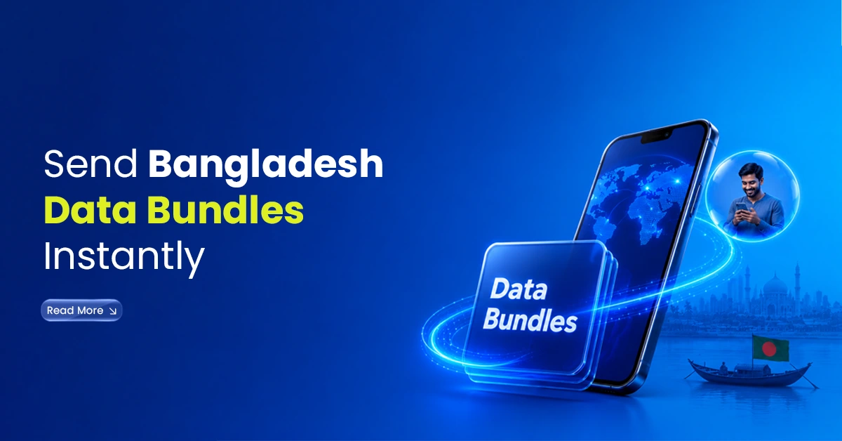 Smartphone with Bangladesh data bundle visuals, Bangladesh flag, river scene, and digital connection lines showing instant data bundles sent to Bangladesh.