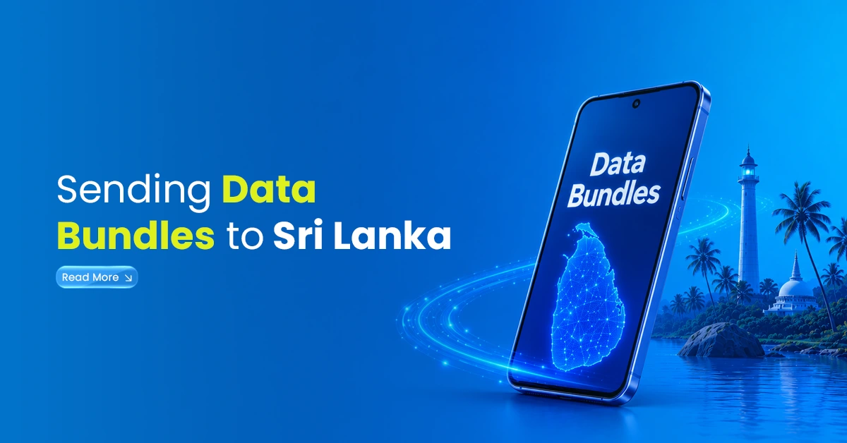 Smartphone showing Sri Lanka data bundle visuals with Sri Lanka map, coastal landmarks, and digital connection lines on a blue background.