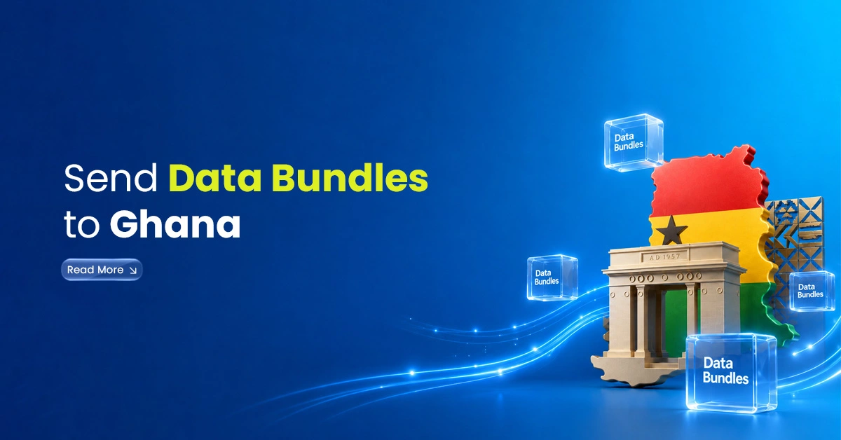 Ghana map with Independence Arch, data bundle cubes, and digital connection lines showing data bundles sent to Ghana.