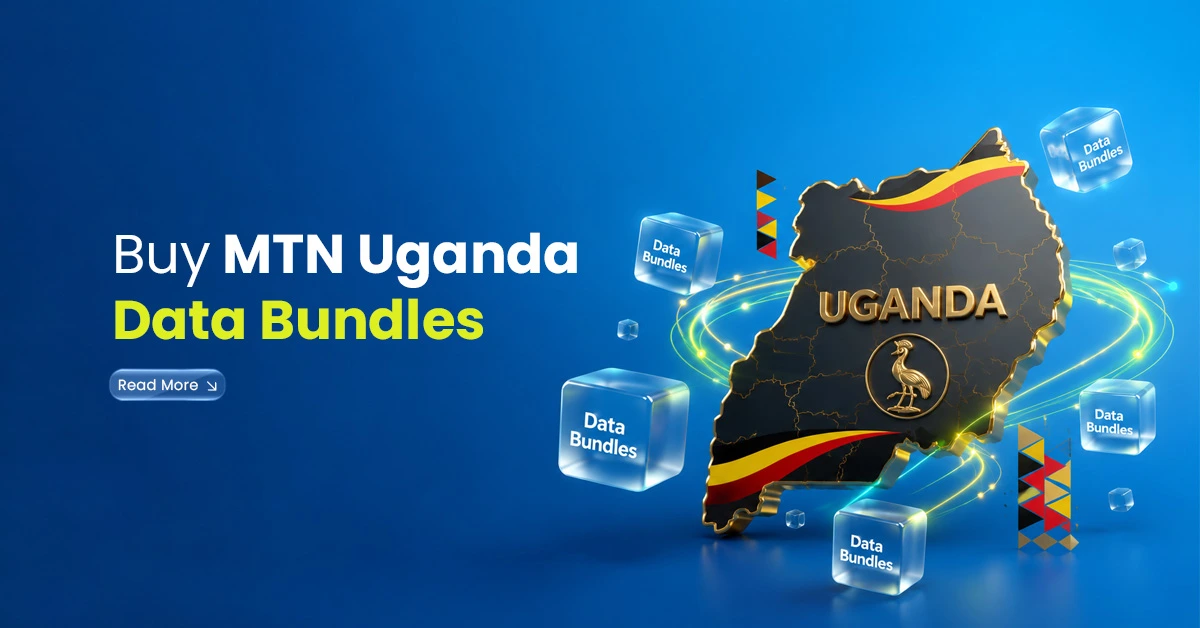 Uganda map with data bundle cubes, Uganda-inspired patterns, and digital connection lines showing MTN Uganda data bundles.