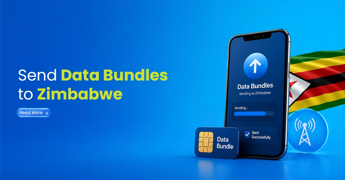 Smartphone showing Zimbabwe data bundle transfer with Zimbabwe flag, SIM card, network icon, and successful data bundle sending visuals.