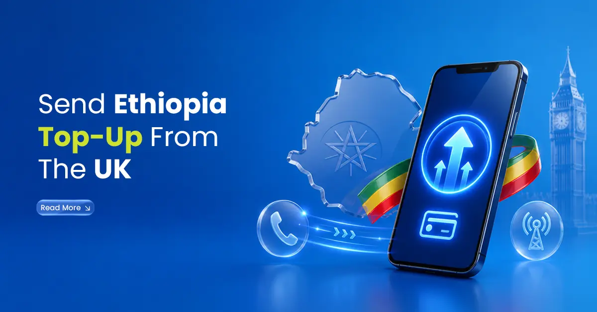 Smartphone with Ethiopia map, Ethiopian flag colours, UK landmark, call and top-up icons showing mobile top-up sent to Ethiopia from the UK.