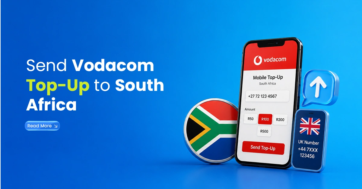 Smartphone showing Vodacom South Africa mobile top-up with South African flag, UK number card, recharge amounts, and top-up transfer icon.