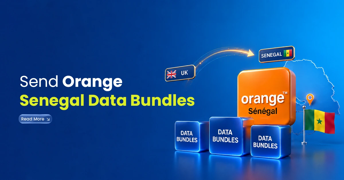 Orange Senegal data bundle visuals with Senegal flag, UK-to-Senegal transfer arrow, map outline, and data bundle cubes.