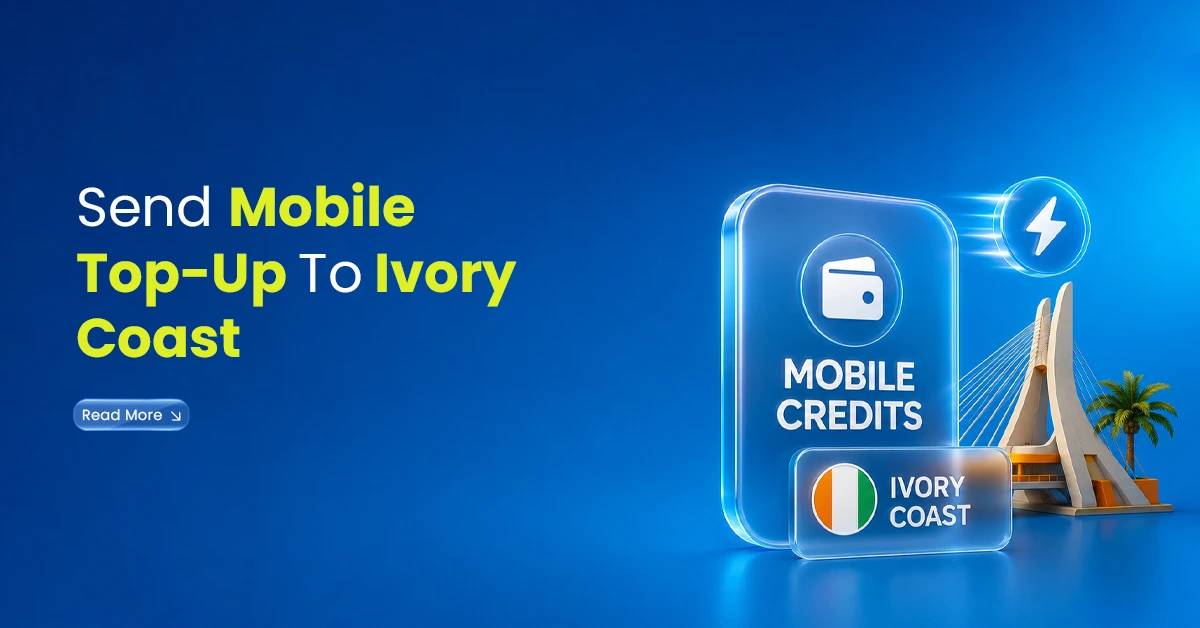 Ivory Coast mobile credit visuals with flag, landmark, wallet icon, and fast top-up symbol showing mobile top-up sent to Ivory Coast.