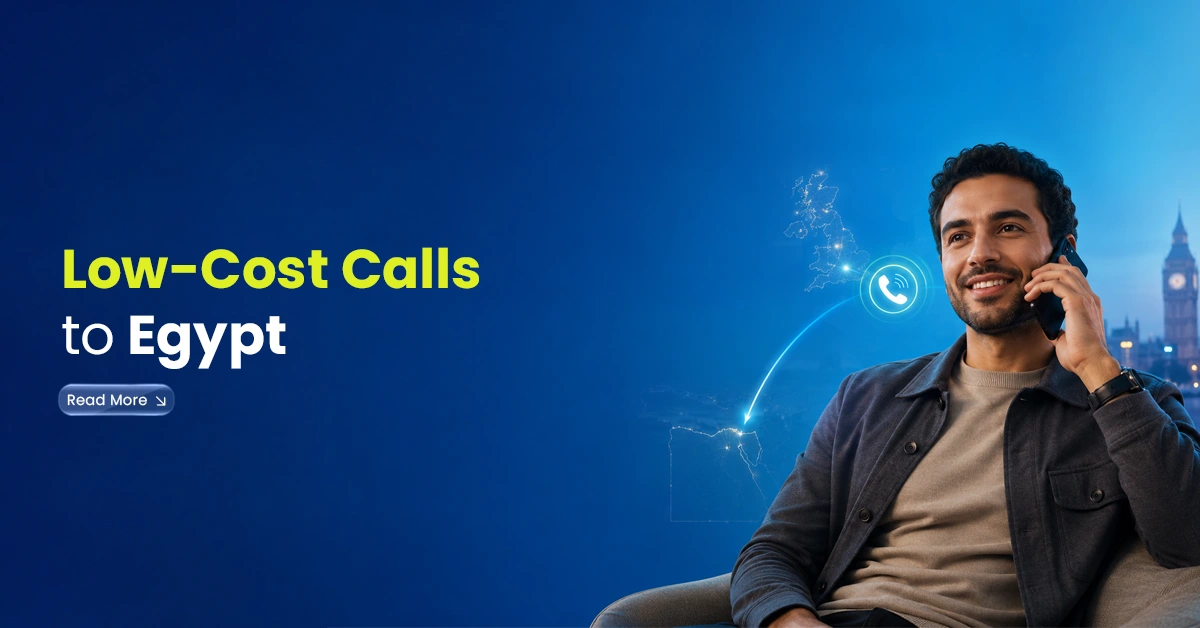 Man making a phone call with UK and Egypt connection visuals, showing low-cost international calls to Egypt.