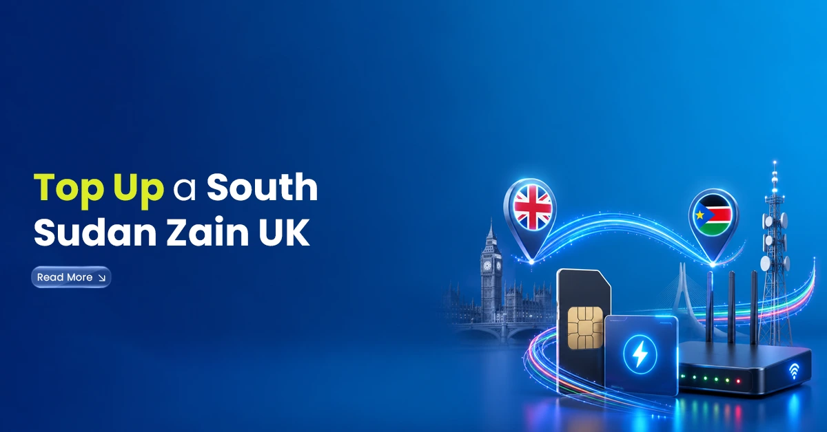South Sudan Zain top-up visual with UK and South Sudan flag pins, SIM card, telecom router, and digital transfer lines from the UK.