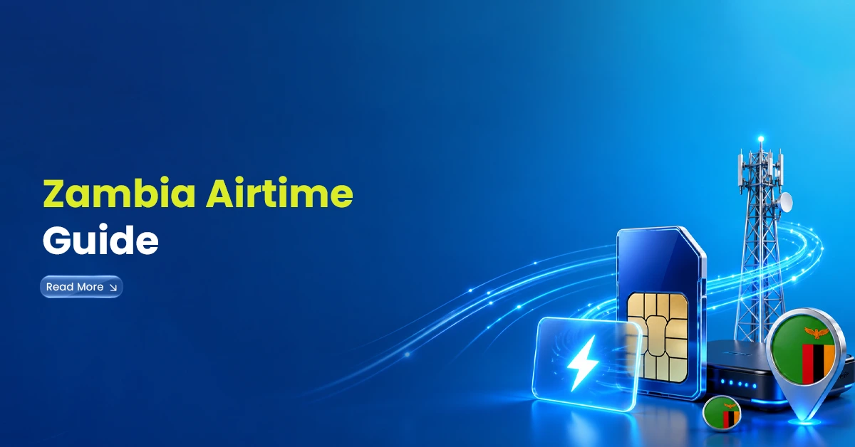 Zambia airtime guide visual with SIM card, telecom tower, Zambia flag pins, and digital connection lines showing mobile recharge support.