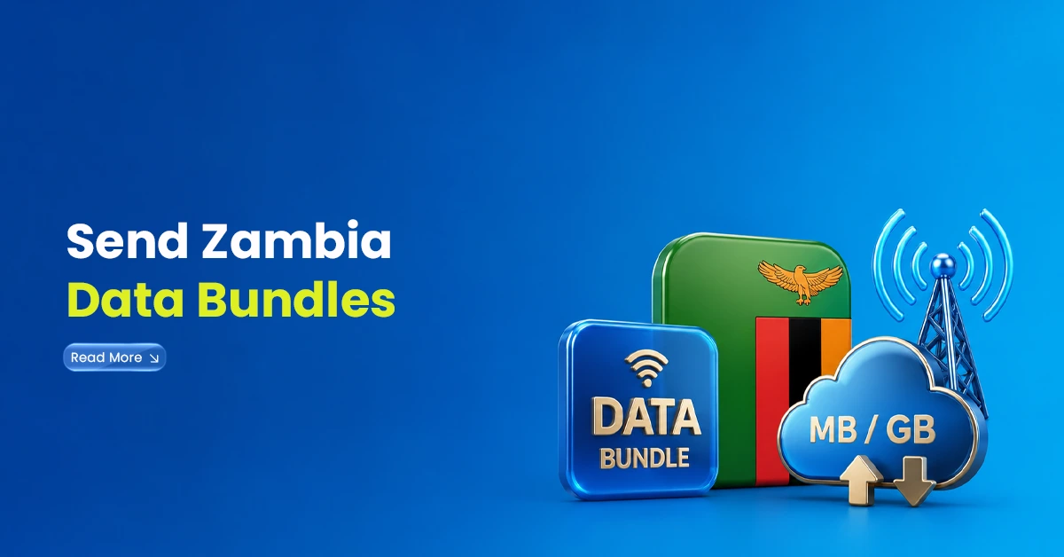 Zambia data bundle visual with data bundle icon, MB and GB cloud, telecom tower, and Zambia flag colours showing internet bundle recharge.