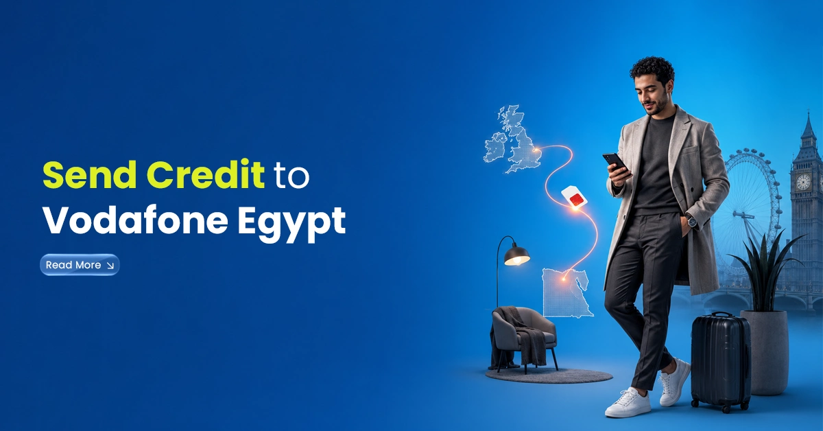 Man using a smartphone with UK to Egypt mobile credit transfer visuals, showing Vodafone Egypt recharge from overseas.