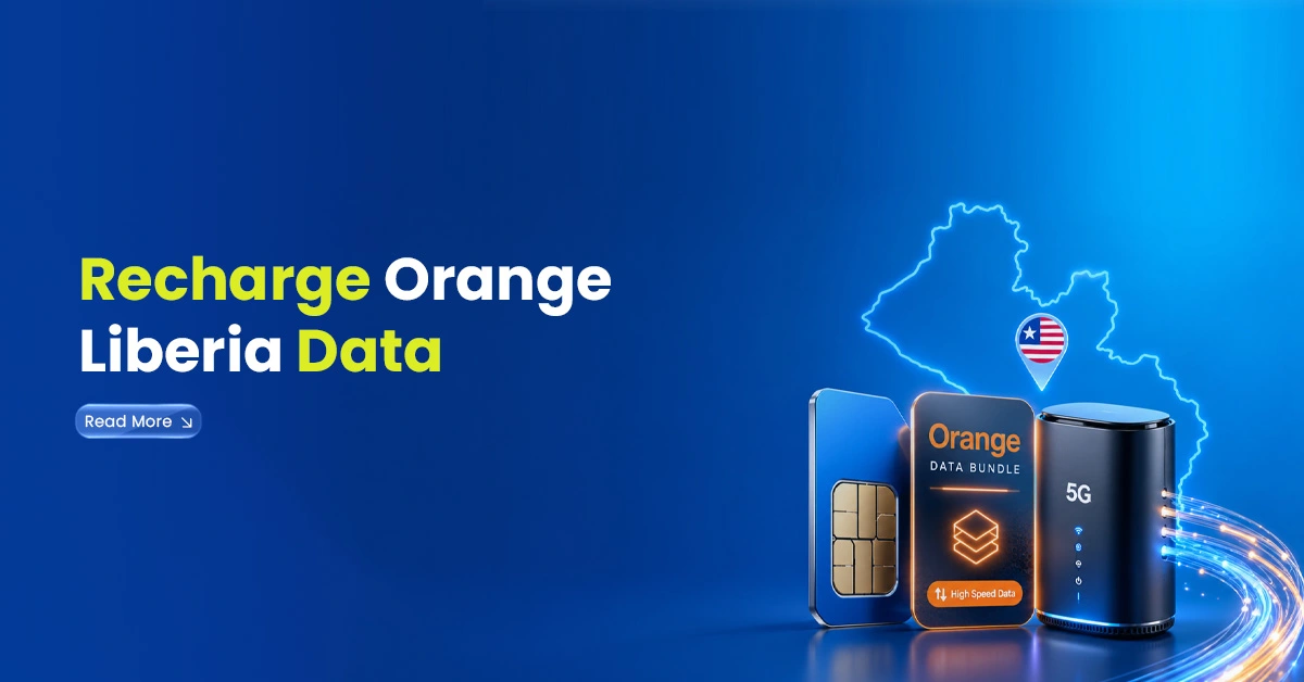 Orange Liberia data bundle recharge visual with Liberia map, SIM card, 5G router, and high-speed data connection effects.