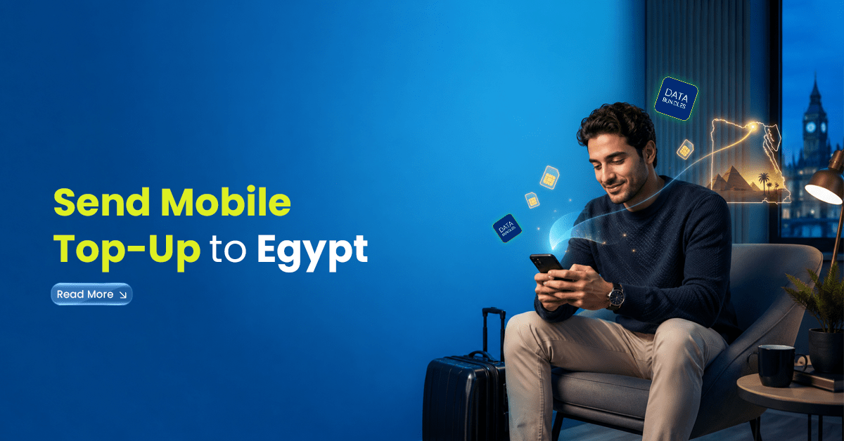Man using a smartphone to send mobile top-up to Egypt, with data bundle icons, Egypt map, and UK travel visuals.