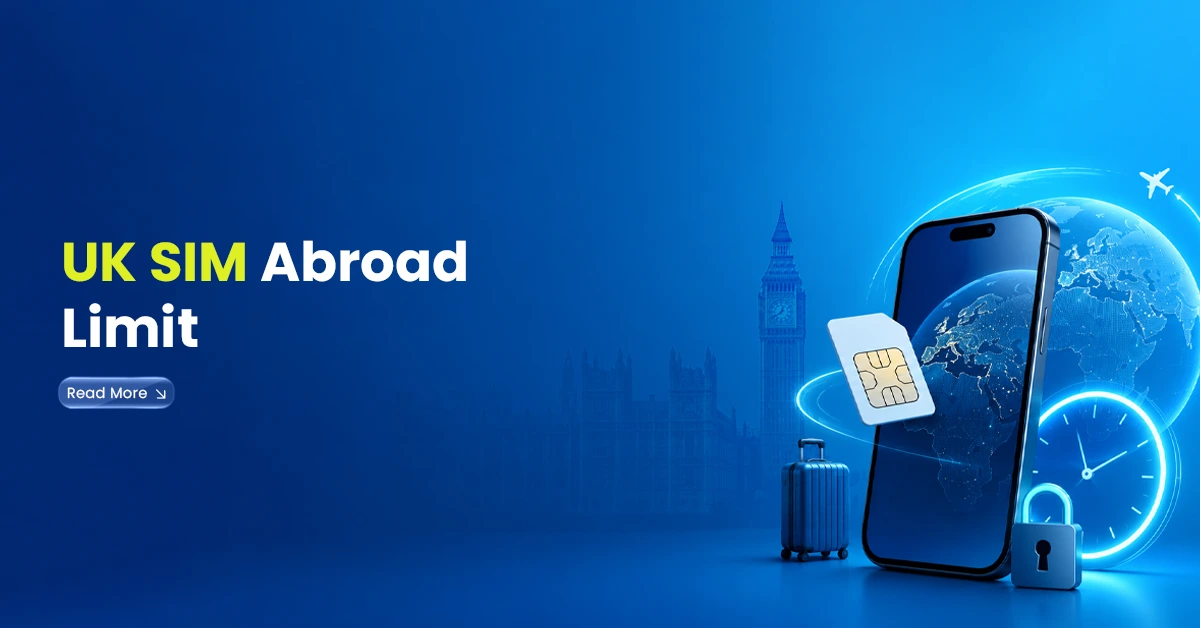 Smartphone with SIM card, travel suitcase, lock, clock, and globe visuals showing UK SIM usage limits while abroad.
