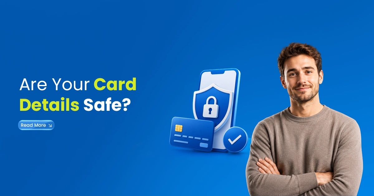 Man standing beside secure payment visuals with a card, shield, lock, and checkmark showing card details safety for online top-ups.