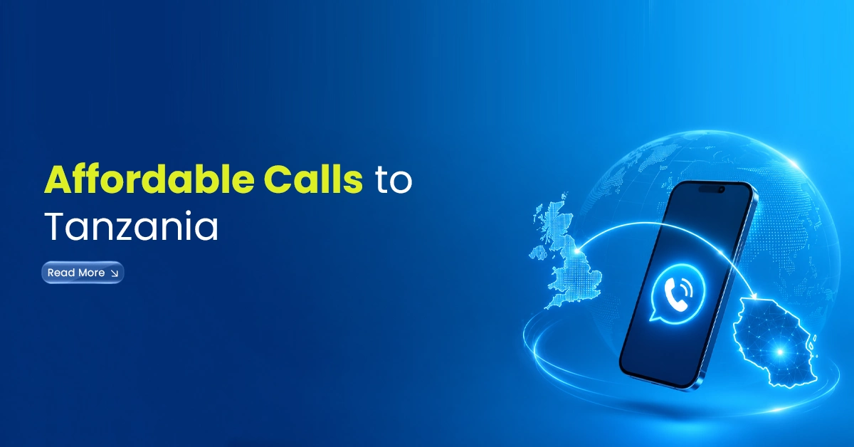 Smartphone with call icon, UK and Tanzania map visuals, and global connection lines showing affordable international calls to Tanzania.
