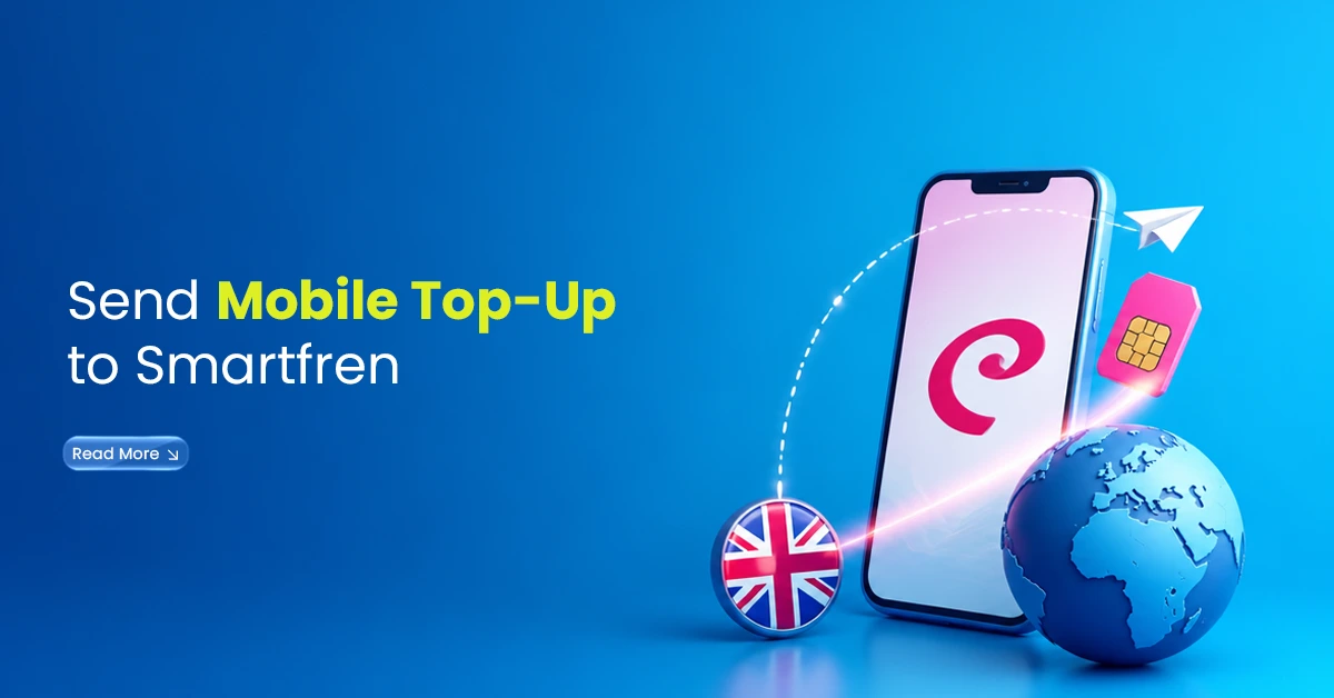 Smartphone with Smartfren top-up visuals, UK flag, SIM card, globe, and digital transfer line showing mobile top-up sent to Smartfren.