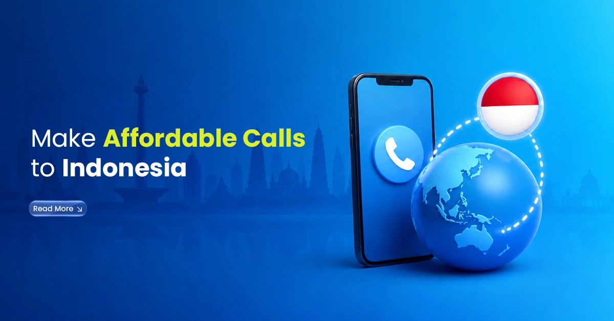 Smartphone with Indonesia flag, globe, and call icon showing affordable international calls to Indonesia from abroad.