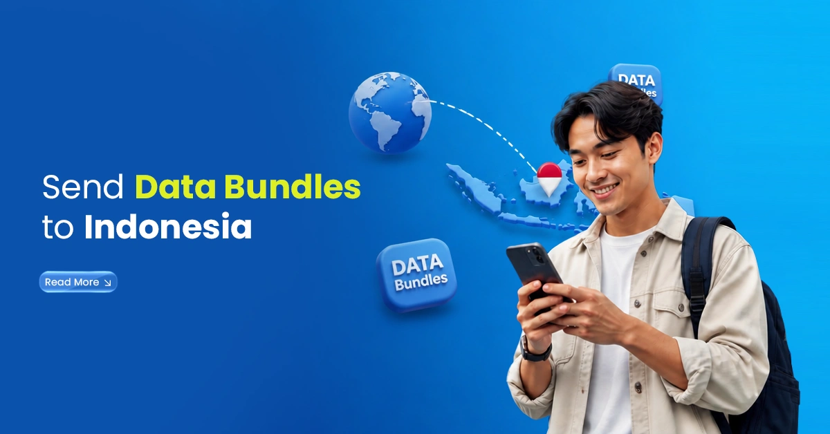 Man using a smartphone with Indonesia map, data bundle icons, and global connection visuals showing data bundles sent to Indonesia.