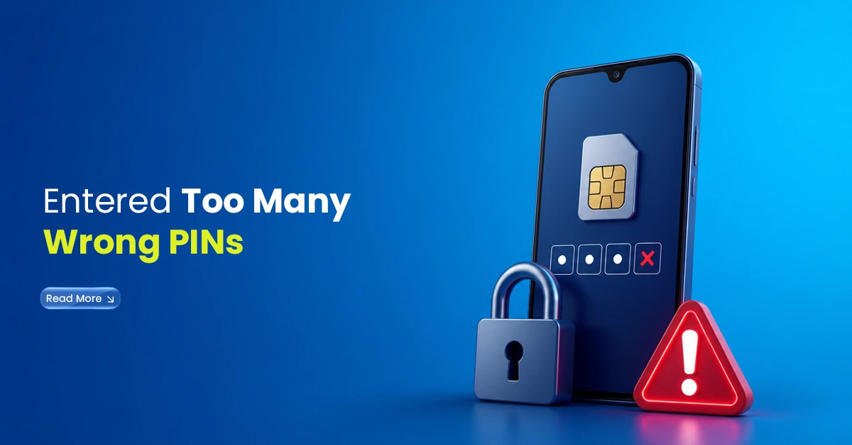 Smartphone showing wrong SIM PIN attempts with a lock, warning sign, and SIM card visual on a blue background.