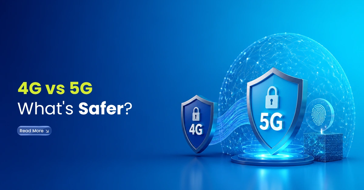 4G and 5G security shields with lock icons, fingerprint scan, and digital network visuals comparing mobile security protocols.