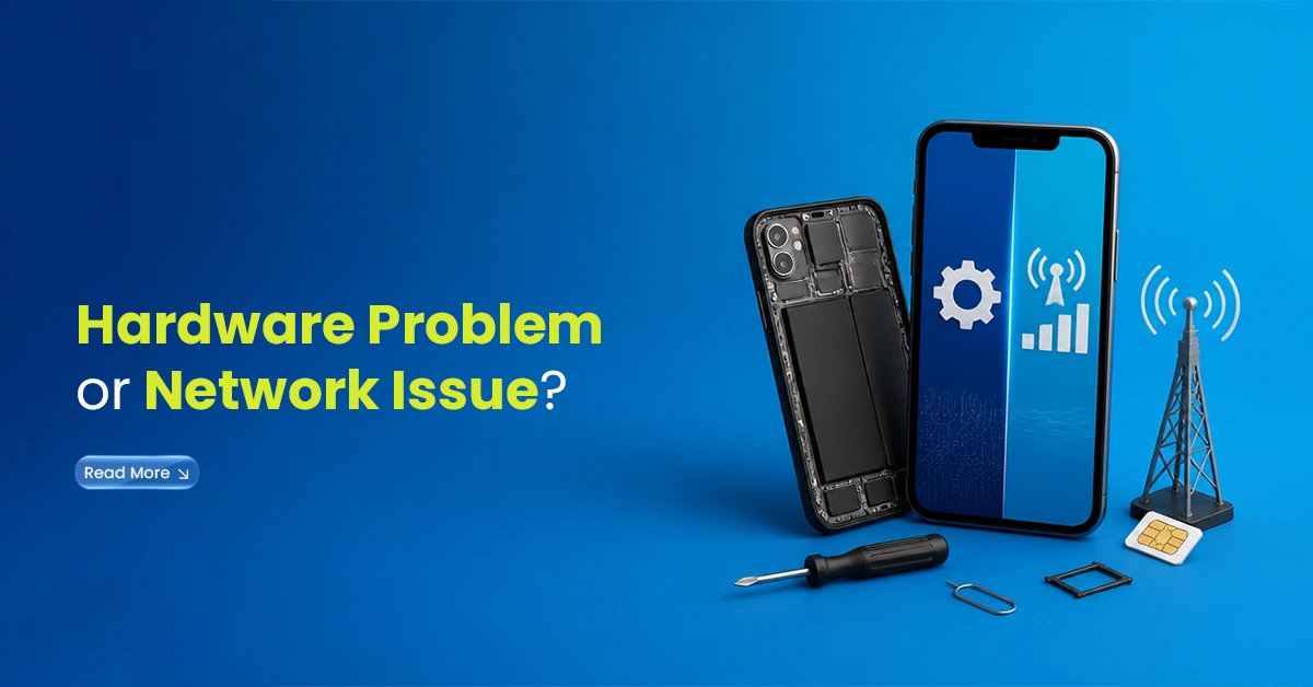 Smartphone hardware and network signal visuals with phone components, SIM card, tools, and signal tower showing mobile troubleshooting.