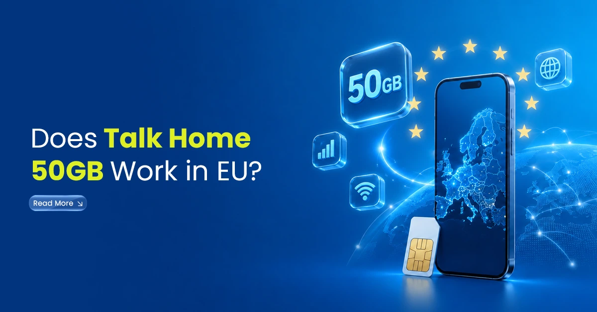 Smartphone with EU map, 50GB data icon, SIM card, Wi-Fi, and roaming visuals showing Talk Home 50GB plan usage in Europe.