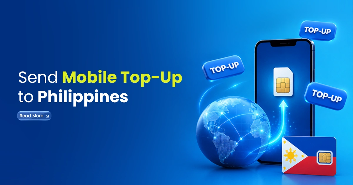 Smartphone with SIM card, globe, top-up icons, and Philippines flag visual showing mobile top-up sent to the Philippines.