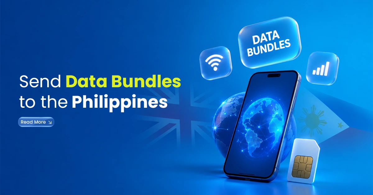 Smartphone with data bundle, Wi-Fi, signal, SIM card, globe, and Philippines flag visuals showing data bundles sent to the Philippines.