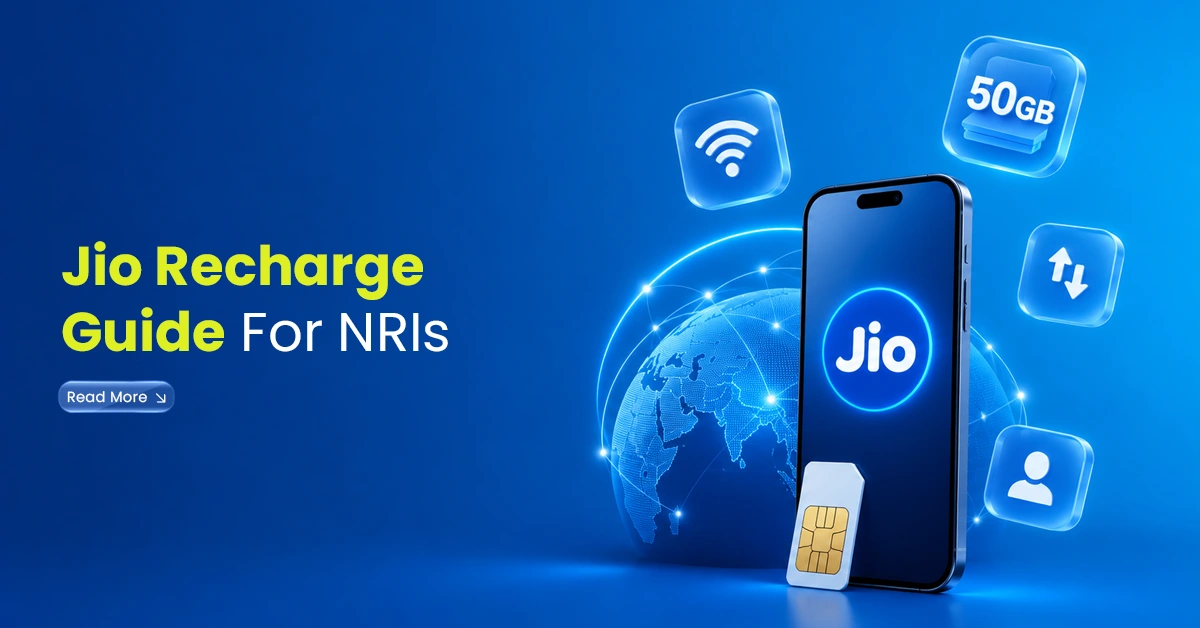 Smartphone showing Jio recharge visuals with SIM card, globe, Wi-Fi, data, and user icons for NRIs sending recharge from abroad.