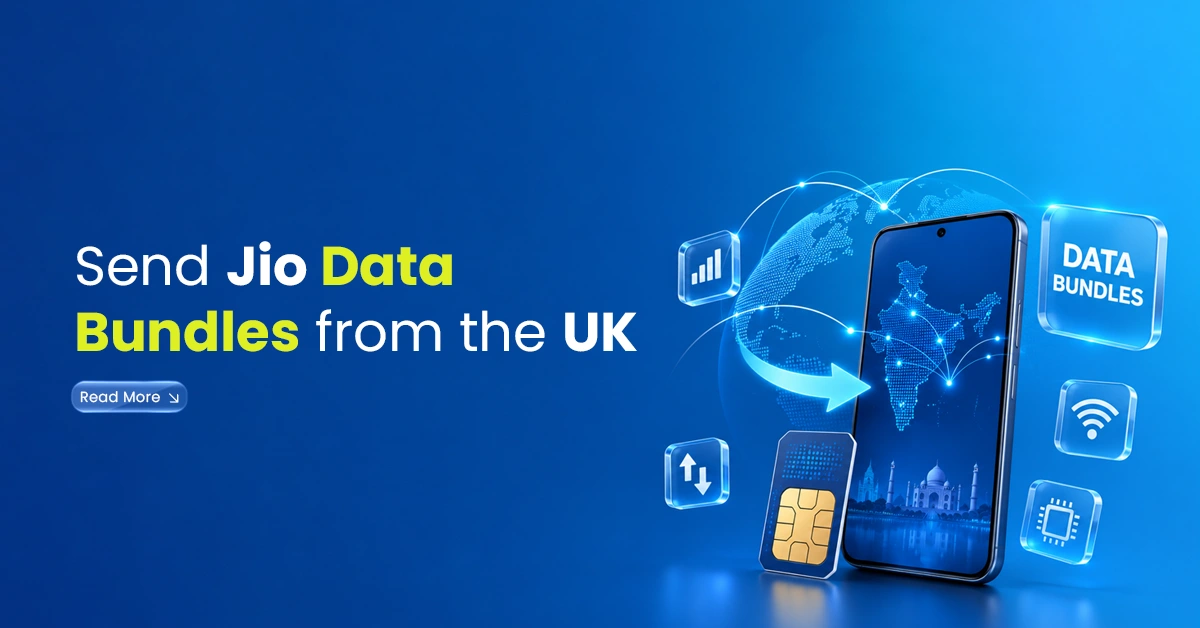 Smartphone showing Jio data bundle visuals with India map, SIM card, data icons, and UK-to-India connection on a blue background.