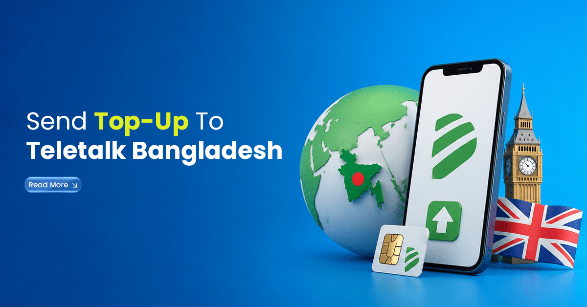 Smartphone with Airtel Uganda recharge visuals, SIM card, UK flag, globe, and digital connection line showing recharge from the UK.