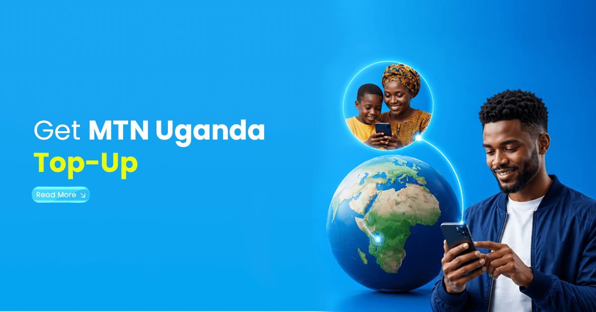 Man using a smartphone to send MTN Uganda top-up, with Africa globe and family connection visuals on a blue background.