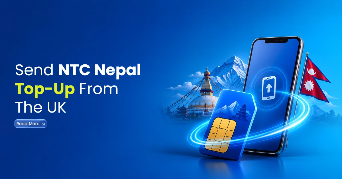Smartphone with Nepal flag, mountain visuals, SIM card, and top-up icon showing NTC Nepal recharge from the UK.