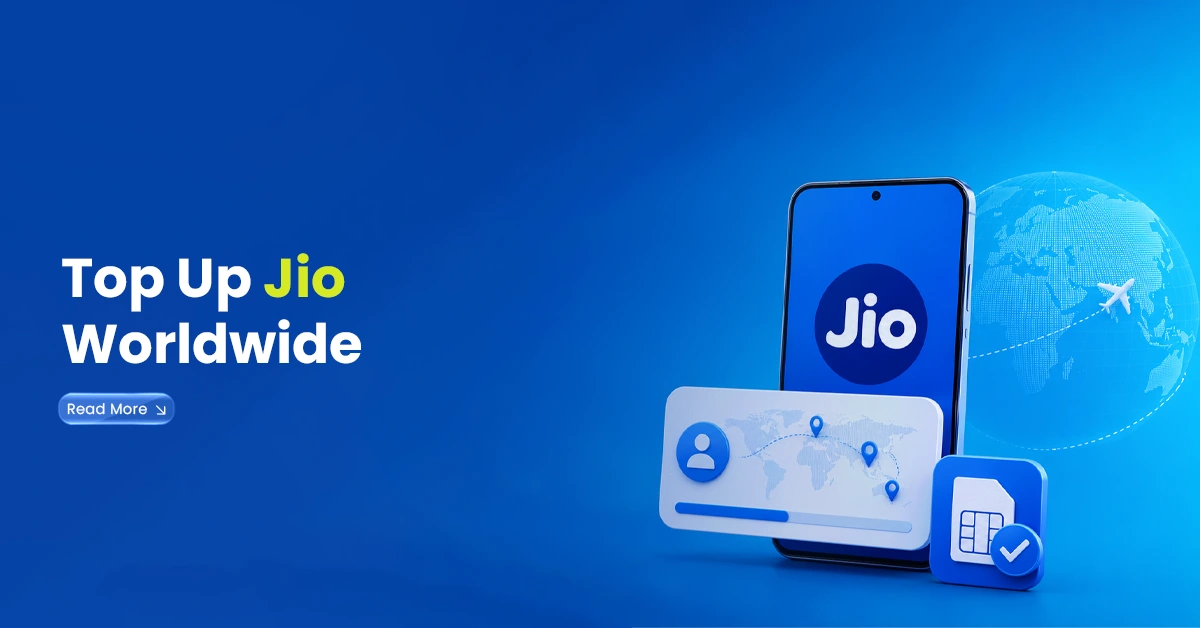 Smartphone showing Jio top-up visuals with SIM card, world map, and global connection icons for sending Jio recharge worldwide.