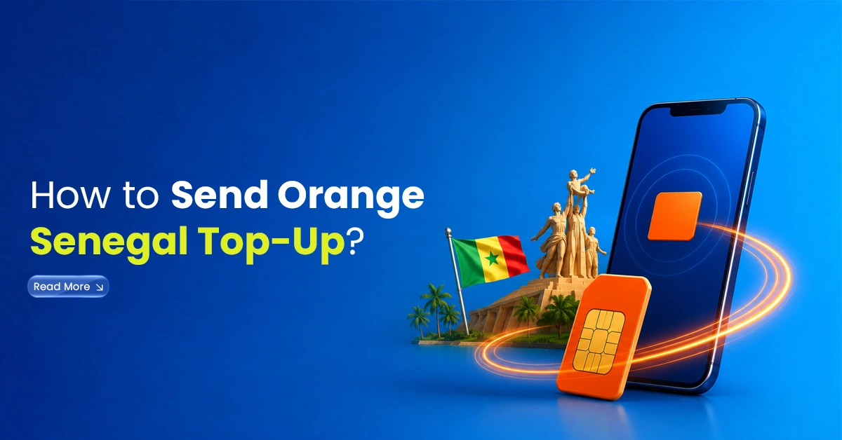Smartphone with Orange mobile top-up visuals, Ivory Coast flag, SIM card, globe, and UK-to-Ivory-Coast recharge connection.