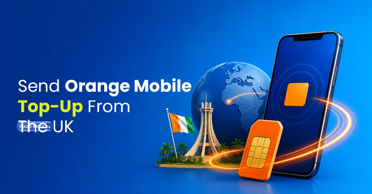 Smartphone with Orange Senegal top-up visuals, Senegal flag, SIM card, and digital recharge connection on a blue background.