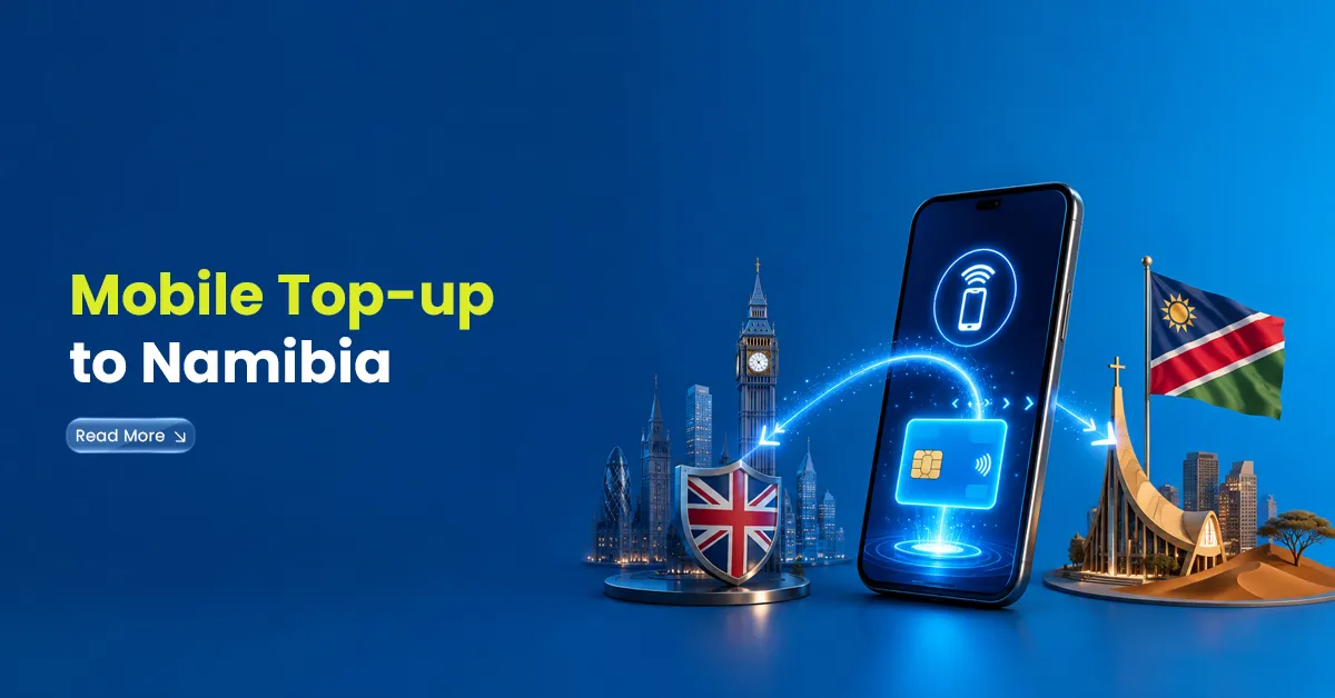 Mobile top-up to Namibia visual with smartphone, UK and Namibia landmarks, flags, SIM card, and digital transfer line showing recharge from the UK.