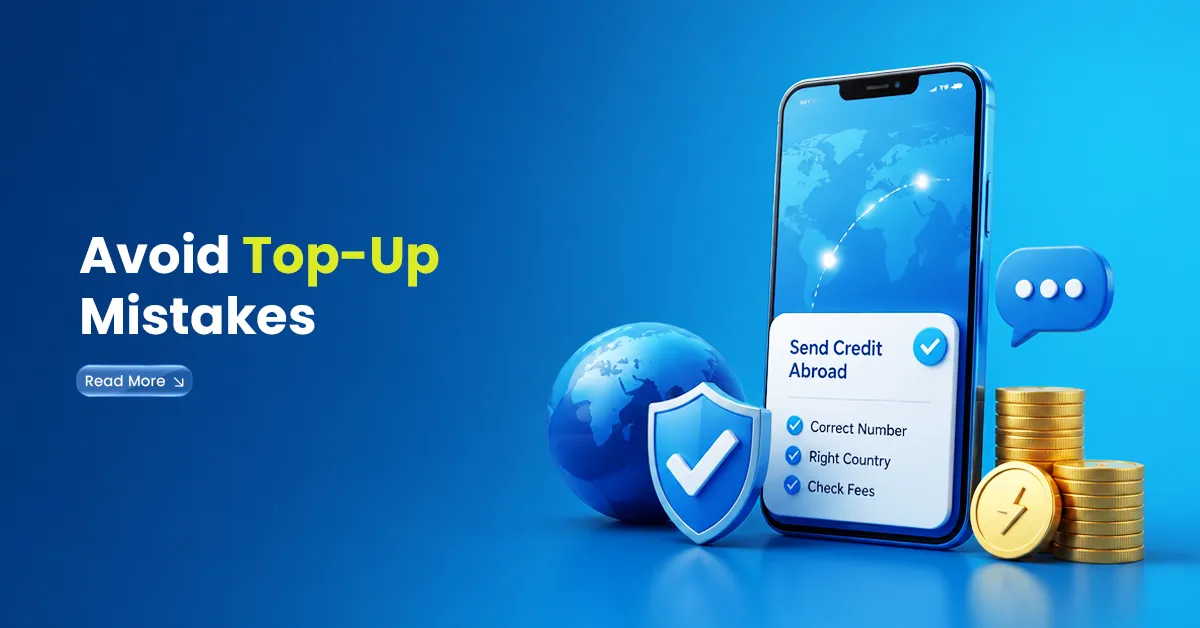 Mobile credit abroad checklist visual with smartphone, globe, shield, coins, and correct number, right country, and fee check points.