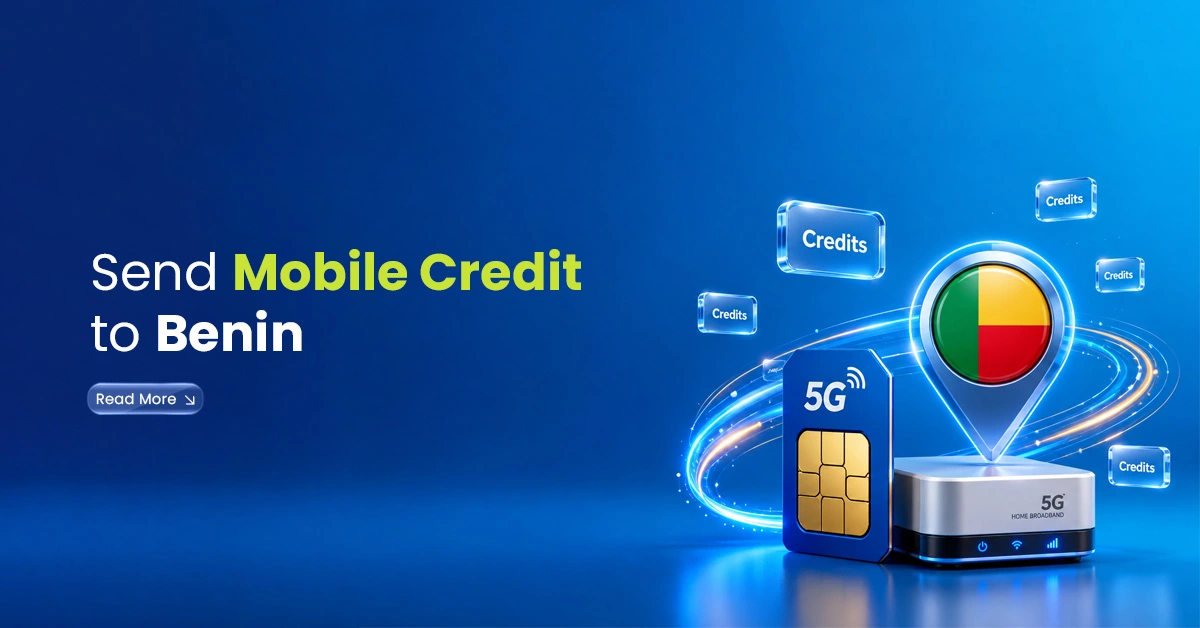 Benin mobile credit visual with 5G SIM card, Benin flag location pin, credits icons, and digital recharge connection effects.