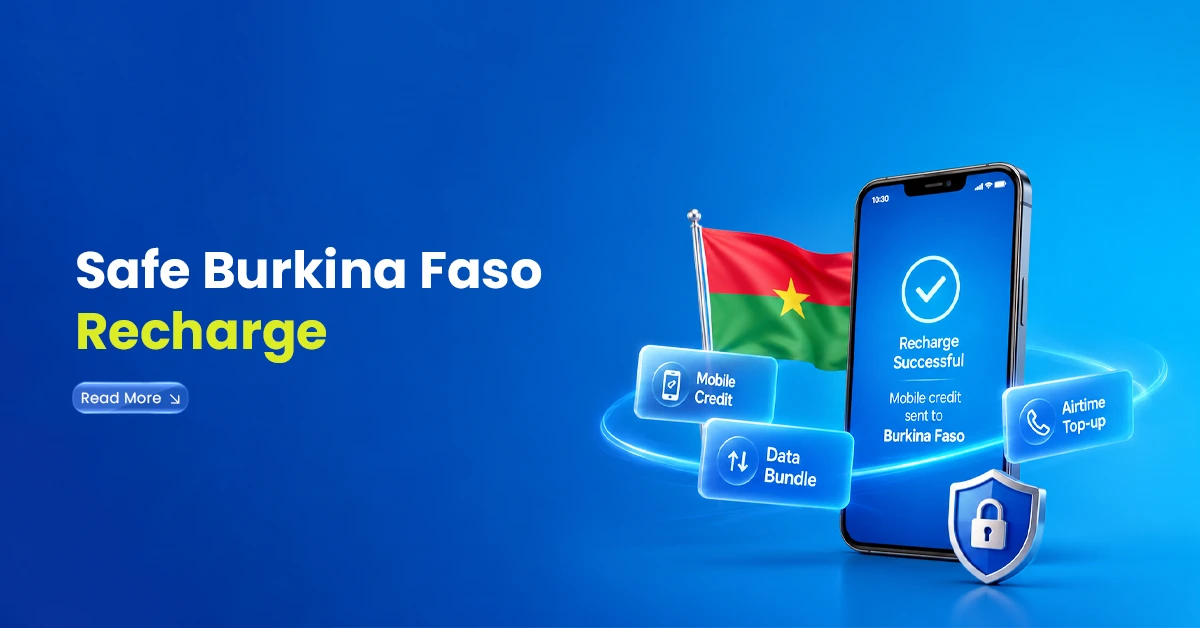 Safe Burkina Faso recharge visual with successful mobile credit screen, Burkina Faso flag, data bundle, airtime top-up icons, and security shield.