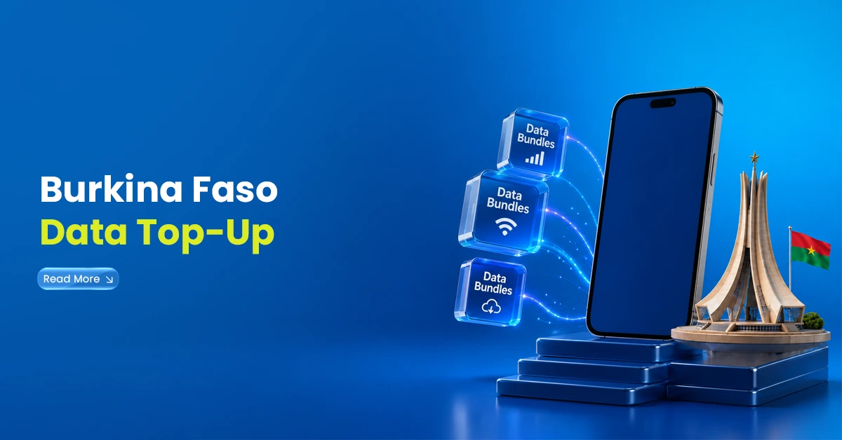 Burkina Faso data top-up visual with smartphone, data bundle cubes, Burkina Faso flag, and monument showing online mobile data recharge.