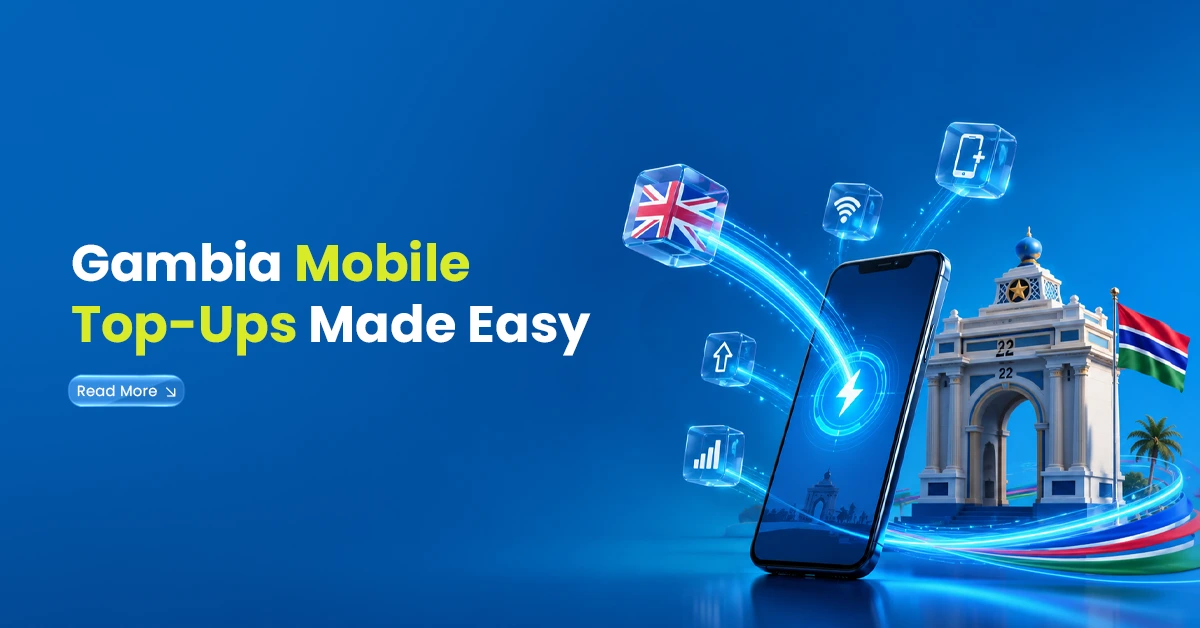 Gambia mobile top-up visual with smartphone, UK flag icon, Gambia landmark and flag, signal icons, and digital transfer lines showing easy recharge from abroad.