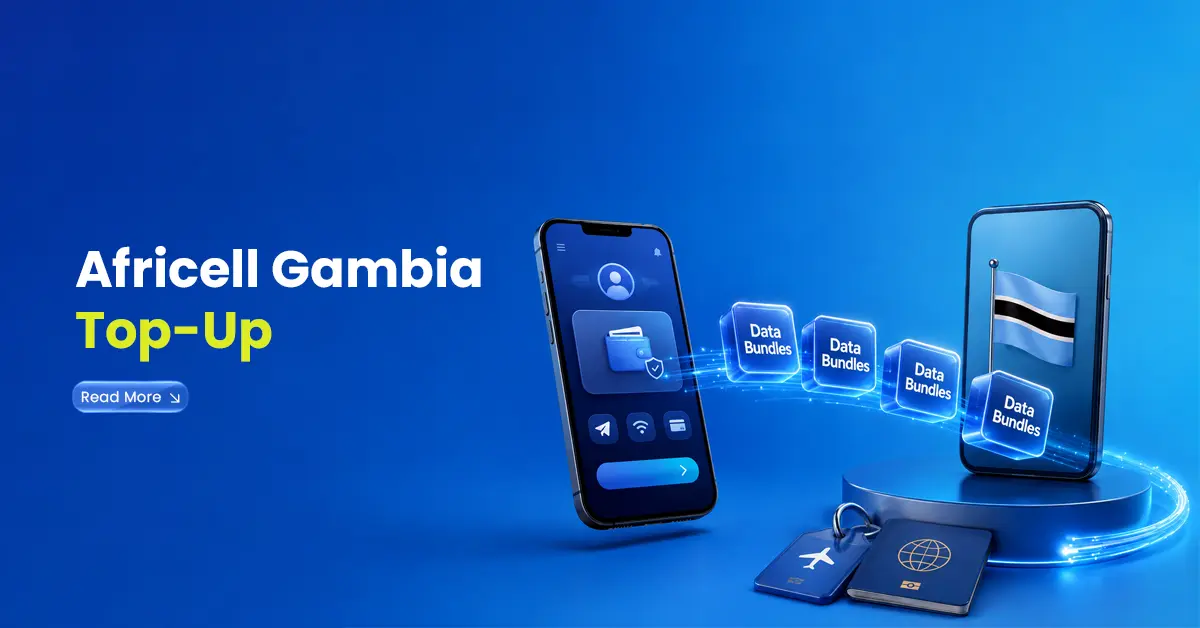 Africell Gambia top-up visual with smartphones, Gambia flag, data bundle icons, travel documents, and digital transfer lines showing online recharge.