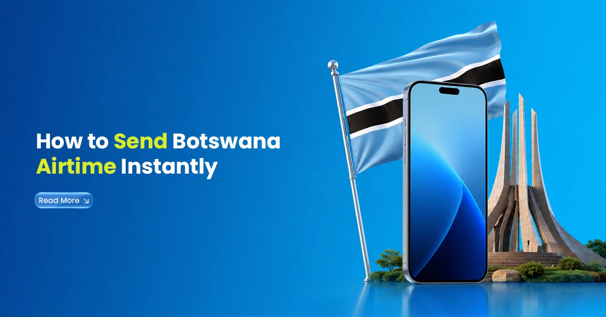 Botswana airtime visual with smartphone, Botswana flag, national monument, and blue background showing instant airtime recharge.