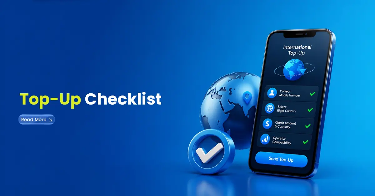 International mobile top-up checklist visual with phone, globe, checkmark, and steps for checking number, country, amount, currency, and operator.