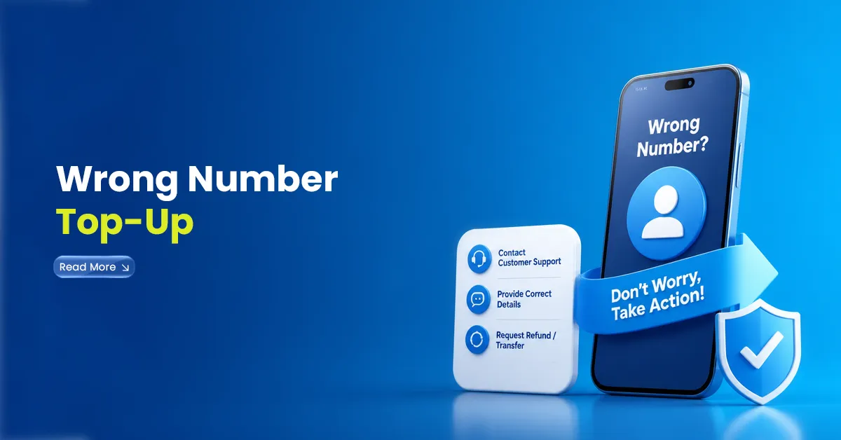 Wrong number top-up visual with smartphone, customer support steps, refund or transfer option, and action reminder for correcting a mistaken recharge.